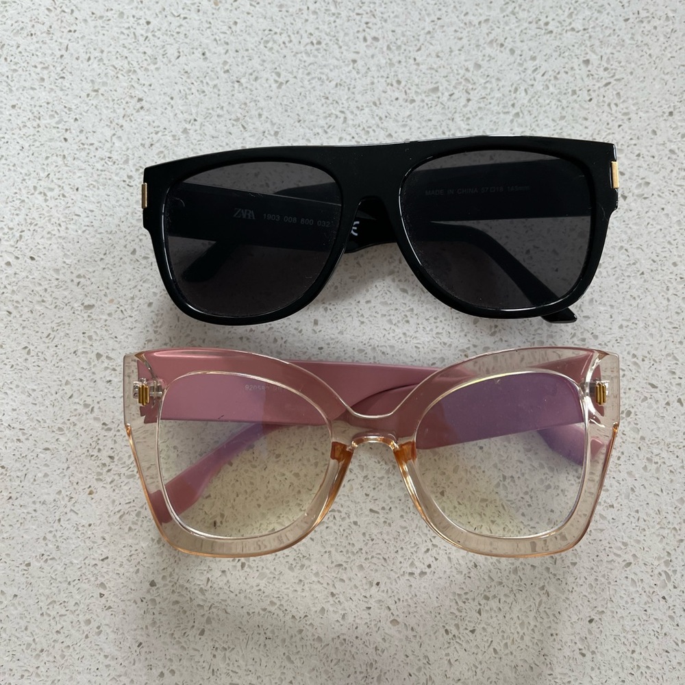 2 pairs of glasses (black sunglasses and pink blue light glasses)
